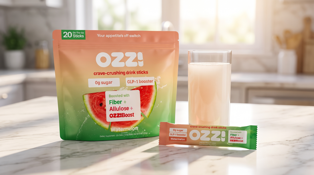 An Ozzi watermelon stick pack pouch, a single stick, and a glass of the prepared drink on a sunlit kitchen counter