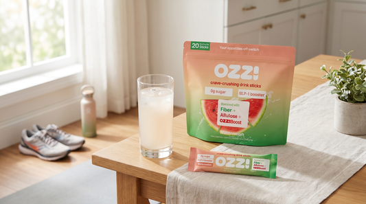 Ozzi watermelon pouch, a single stick, and a prepared cloudy off-white drink on a bright kitchen table with running shoes blurred behind
