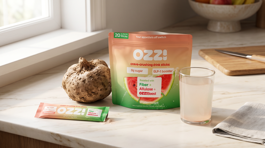 Konjac root tuber next to an Ozzi watermelon stick pack on a kitchen counter