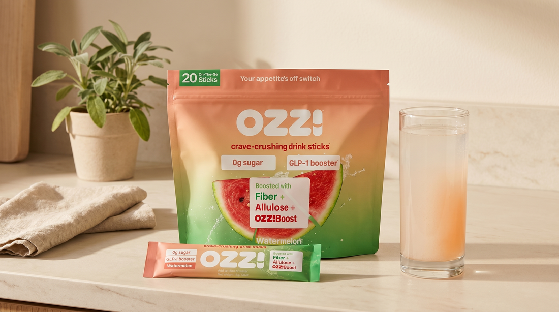 OZZ! watermelon stick pack pouch with a single stick and a glass of the prepared Ozzi drink on a calm kitchen counter