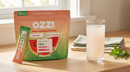Ozzi watermelon stick pack pouch and single stick on a kitchen counter beside a glass of the prepared cloudy off-white drink