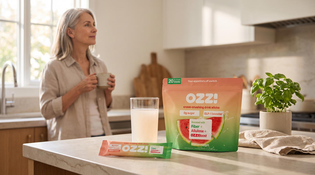 An Ozzi watermelon pouch and stick pack on a sunlit kitchen counter beside a glass of the prepared drink, with a woman in her early 50s in the background