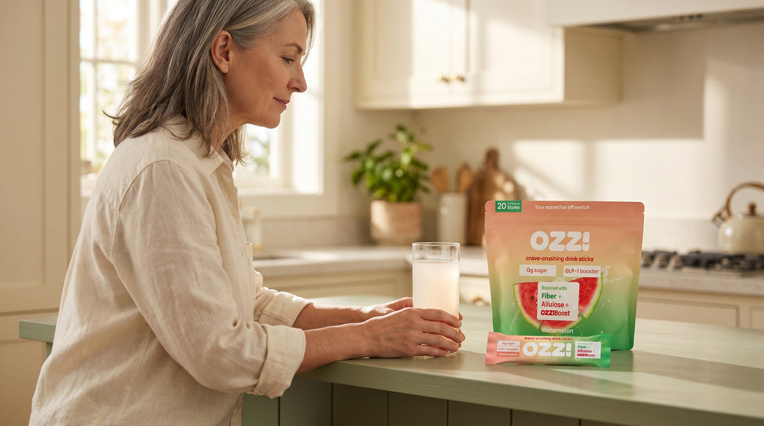 A woman in her early 50s preparing an Ozzi watermelon drink in a sunny kitchen, pouch and stick on the counter