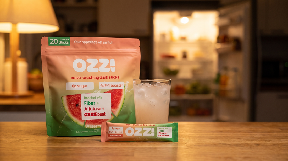 OZZI watermelon pouch, stick, and prepared drink on an evening kitchen counter with a glowing fridge behind