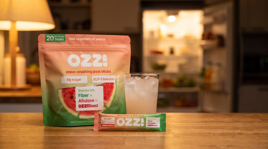 OZZI watermelon pouch, stick, and prepared drink on an evening kitchen counter with a glowing fridge behind