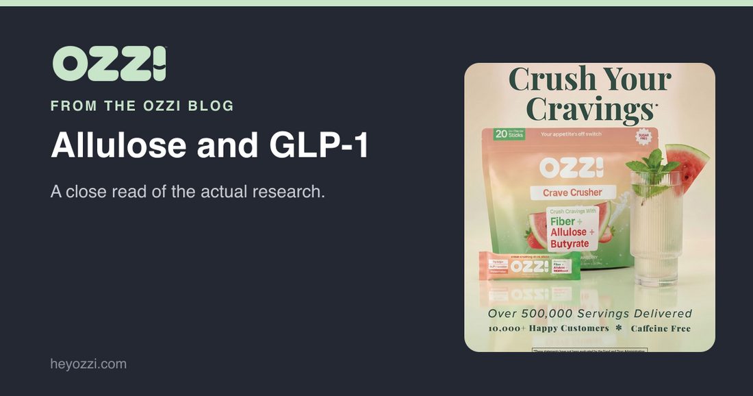 Allulose and GLP-1: a close read of the actual research. Ozzi card with the Crave Crusher pouch and prepared drink.