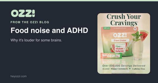Food noise and ADHD: why it's louder for some brains. Ozzi card with the Crave Crusher pouch and prepared drink.