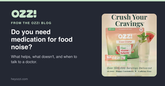 Do you need medication for food noise? Ozzi card with the Crave Crusher pouch and prepared drink.