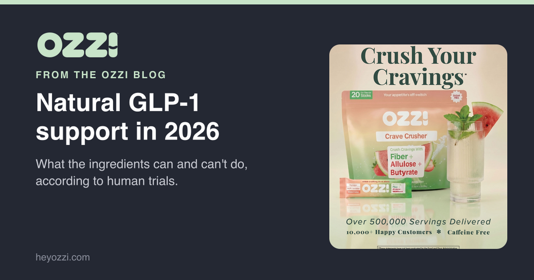 Natural GLP-1 support in 2026: what the ingredients can and can't do. Ozzi card with the Crave Crusher pouch and prepared drink.