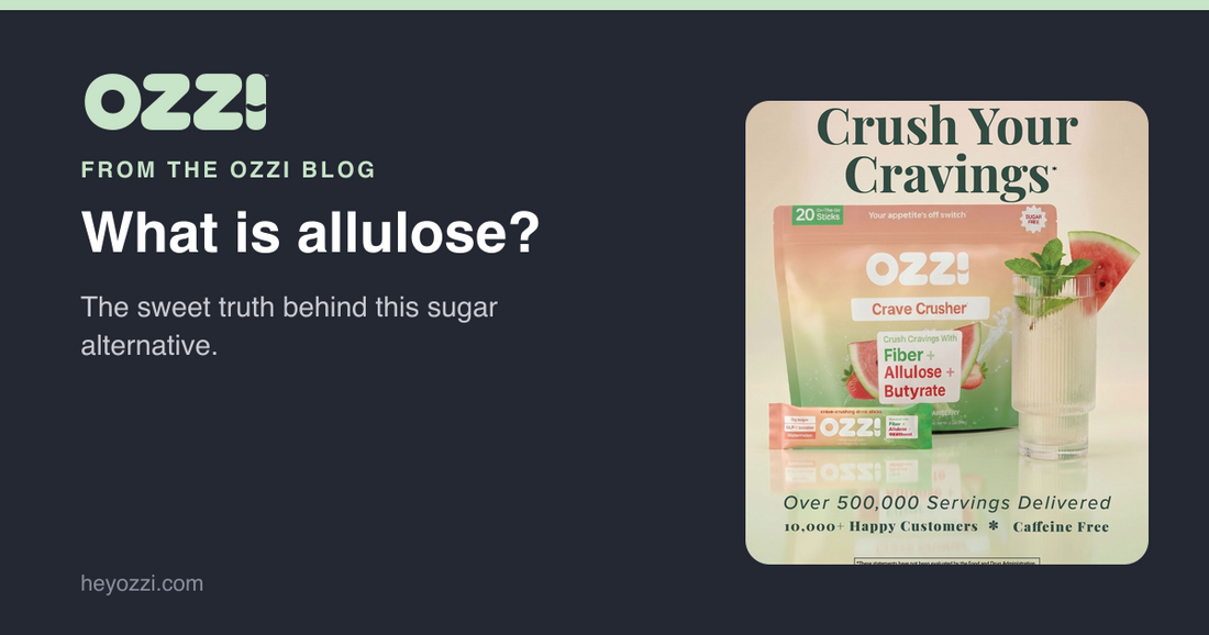 Allulose Benefits: What is allulose? The sweet truth behind this sugar alternative. Ozzi card with the Crave Crusher pouch and prepared drink.