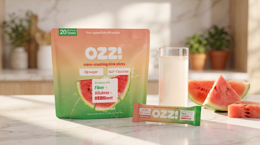 Ozzi watermelon drink stick pouch, single stick, and a glass of the prepared Ozzi drink on a kitchen counter in morning light