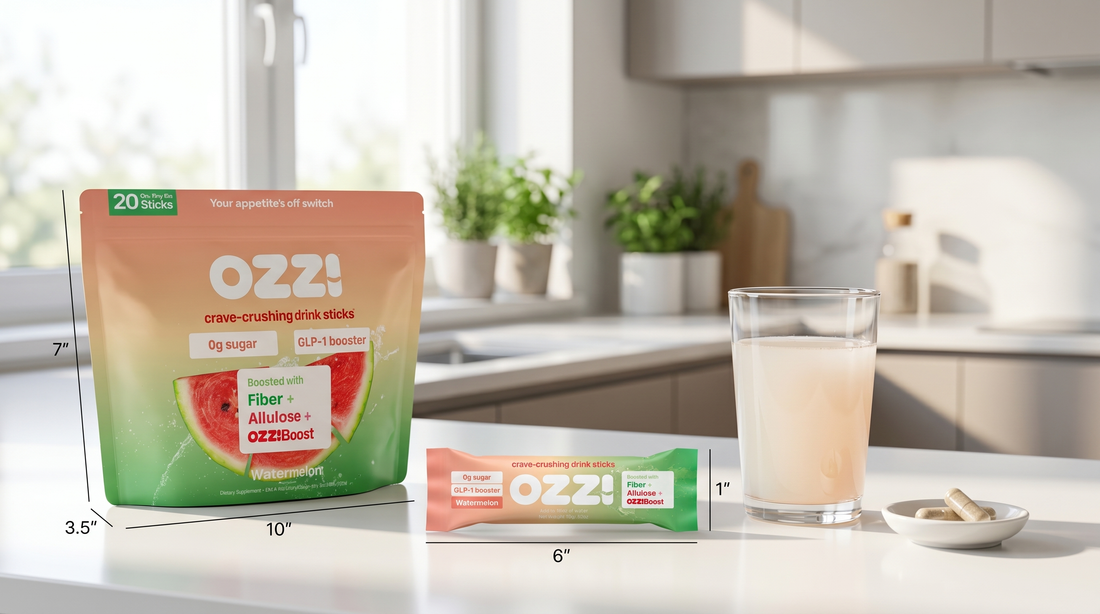 Ozzi watermelon stick pack and prepared drink next to probiotic capsules, comparing Ozzi and Pendulum GLP-1 Probiotic