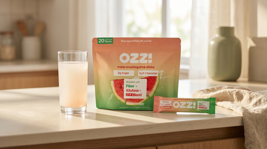 OZZ! watermelon stick pack pouch with a single stick and a glass of the prepared Ozzi drink on a sunlit kitchen counter