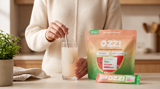 A woman stirring a glass of prepared Ozzi Crave Crusher at a kitchen counter beside the Ozzi pouch and stick pack