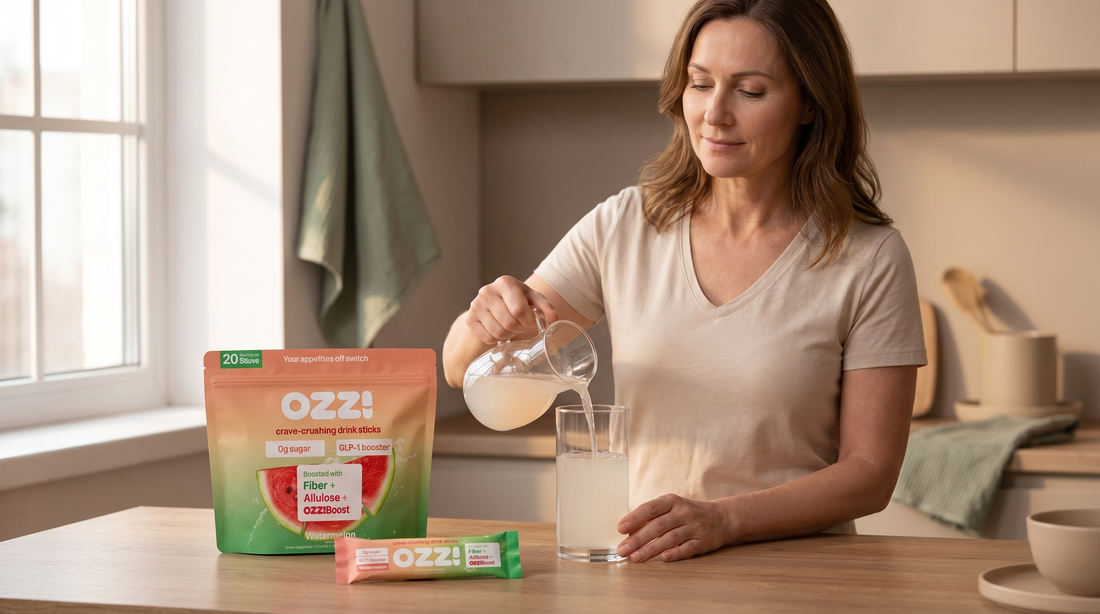 Woman in her late 40s mixing an Ozzi watermelon drink stick into a glass of water on a kitchen counter in early evening light