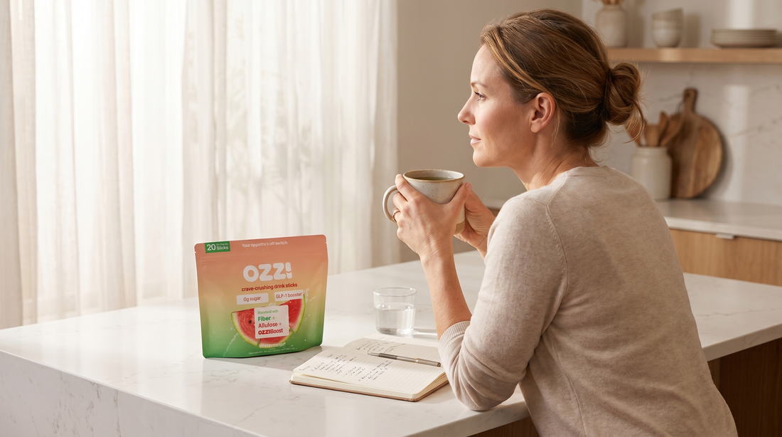 Editorial photo of woman in 40s with morning tea at sunlit kitchen counter, OZZ! watermelon stick pack pouch on the counter beside her