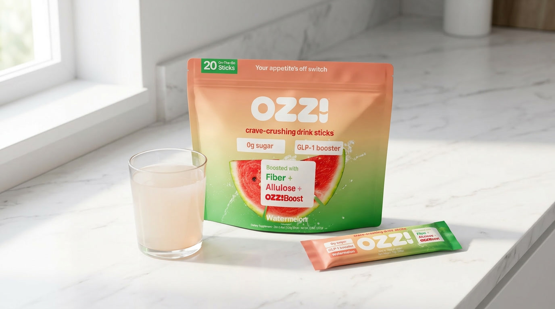 Ozzi watermelon stick pack pouch on a kitchen counter with a glass of the prepared drink and a single stick