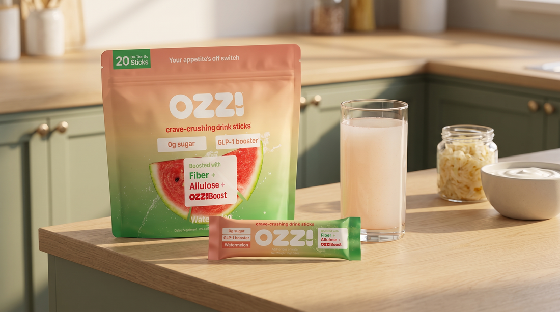 Ozzi watermelon stick pack pouch, a single stick, and a glass of the prepared drink on a kitchen counter beside yogurt and sauerkraut