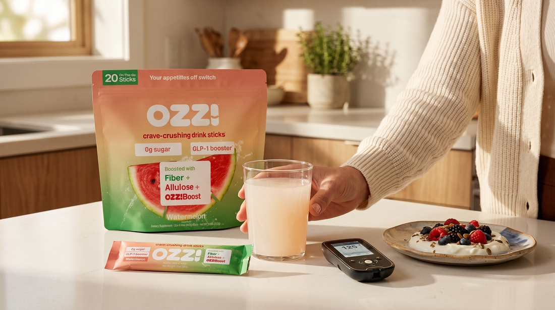 A glass of prepared Ozzi watermelon drink on a kitchen counter beside a continuous glucose monitor and a small healthy breakfast