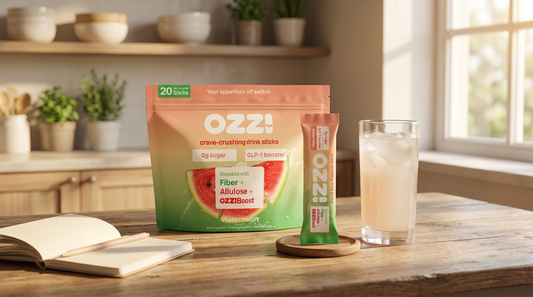 OZZ! watermelon stick pack pouch with a single stick standing on a wooden coaster and a glass of the prepared Ozzi drink on a sunlit counter