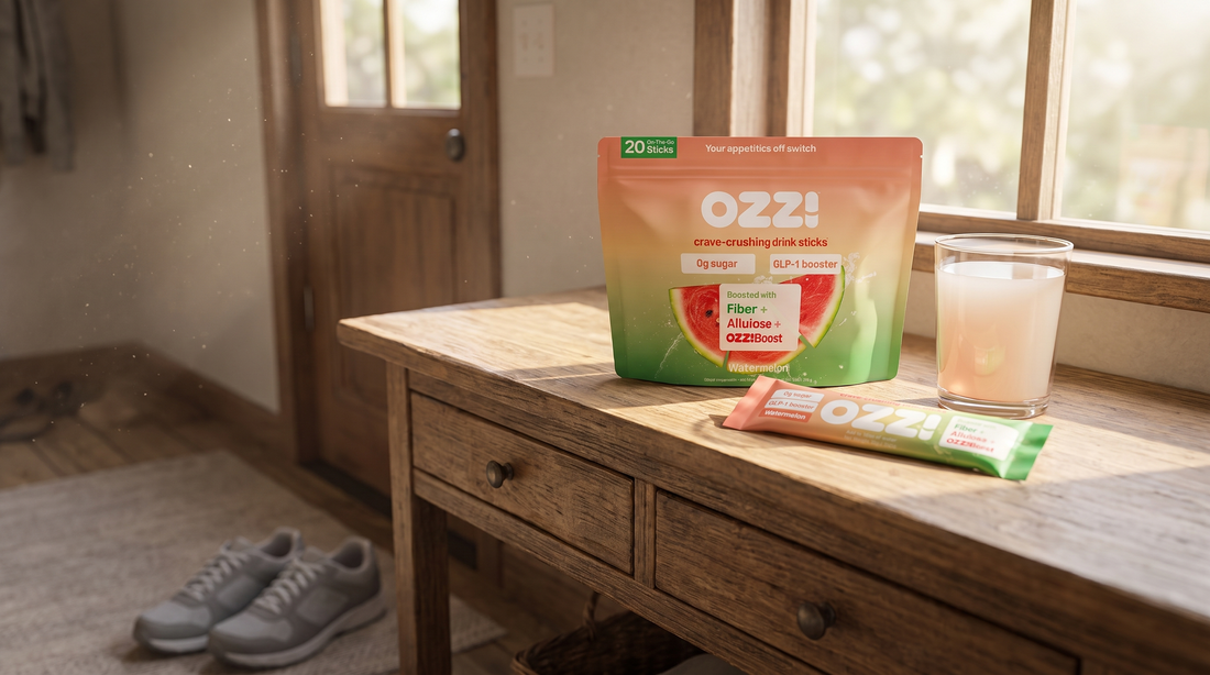 Ozzi watermelon pouch, a stick pack and a glass of the prepared drink on an entryway table with walking shoes below
