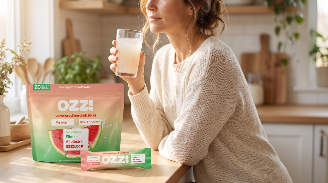Woman in a sunlit kitchen holding a glass of the prepared Ozzi watermelon drink, with the Ozzi pouch and stick on the counter