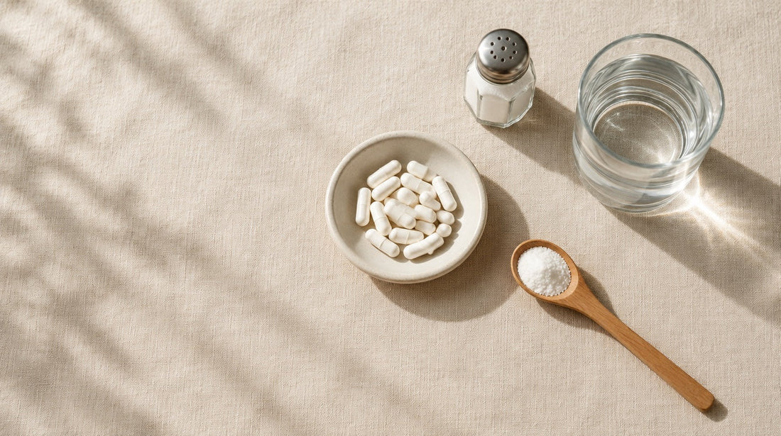 Sodium butyrate supplement capsules in a small dish beside a salt shaker and a glass of water