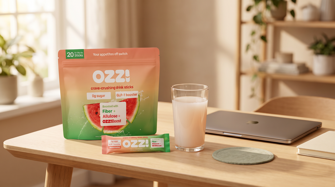 An Ozzi watermelon stick pack pouch and single stick on a home office desk beside a glass of the prepared drink