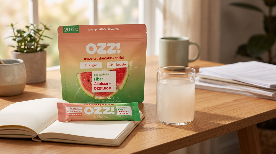 Ozzi watermelon drink stick pouch and a single stick on a wooden desk beside a glass of the prepared drink and an open notebook