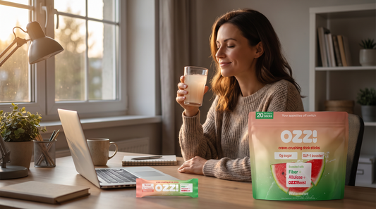 A woman unwinding at her home office desk in the evening with an Ozzi watermelon drink stick and a prepared glass of Ozzi