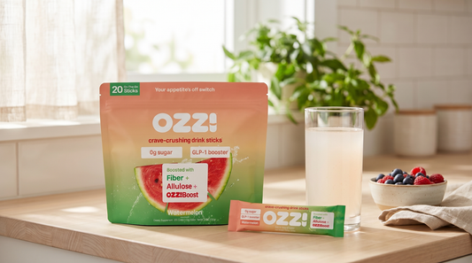 OZZ! watermelon pouch, a single stick pack, and a glass of the prepared Ozzi drink on a bright kitchen counter with fresh berries