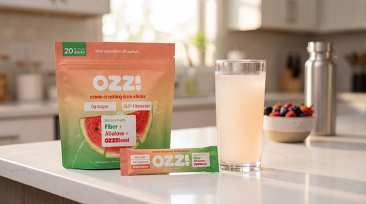Ozzi watermelon pouch, a single stick pack, and a glass of the prepared cloudy off-white drink on a kitchen counter