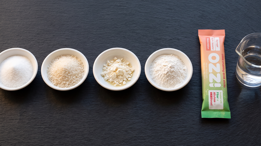 Four small white dishes of different butyrate powders in a row on a dark slate surface beside an Ozzi watermelon stick pack