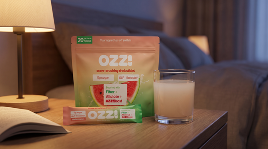 Ozzi watermelon drink stick pouch, a stick pack and a glass of the prepared Ozzi drink on a bedside table in warm evening lamplight