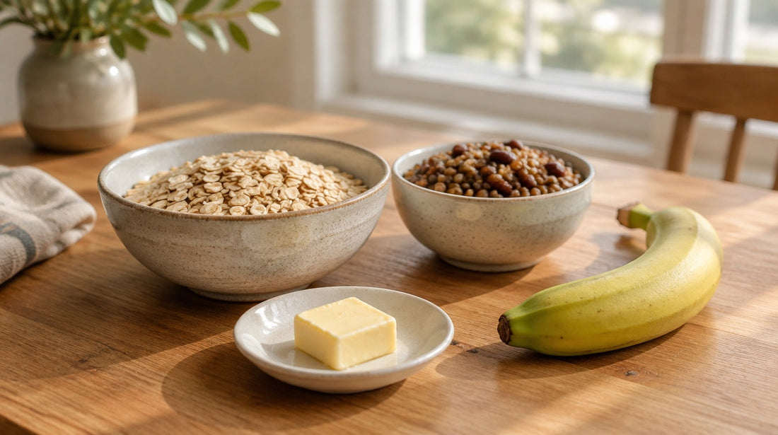 What is butyrate: a pat of butter beside a bowl of oats, a bowl of beans and lentils and a slightly green banana on a wooden table