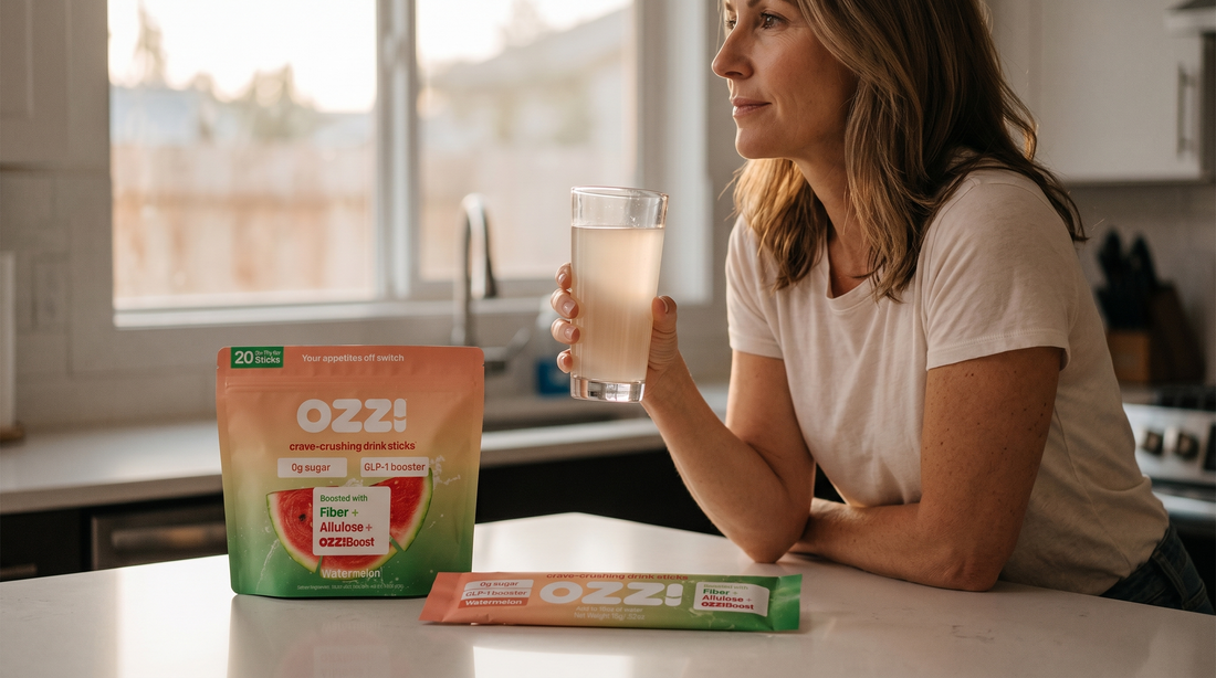 A woman in a calm evening kitchen holding a glass of the prepared Ozzi watermelon drink, with the Ozzi pouch and stick pack on the counter.