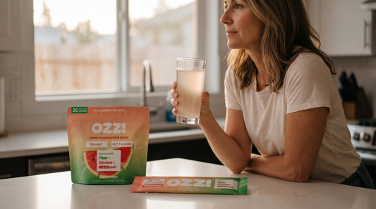 A woman in a calm evening kitchen holding a glass of the prepared Ozzi watermelon drink, with the Ozzi pouch and stick pack on the counter.