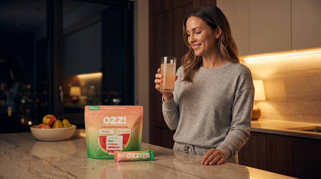 Woman in a kitchen at night holding a glass of prepared Ozzi watermelon drink, with the OZZ! pouch and a stick on the counter
