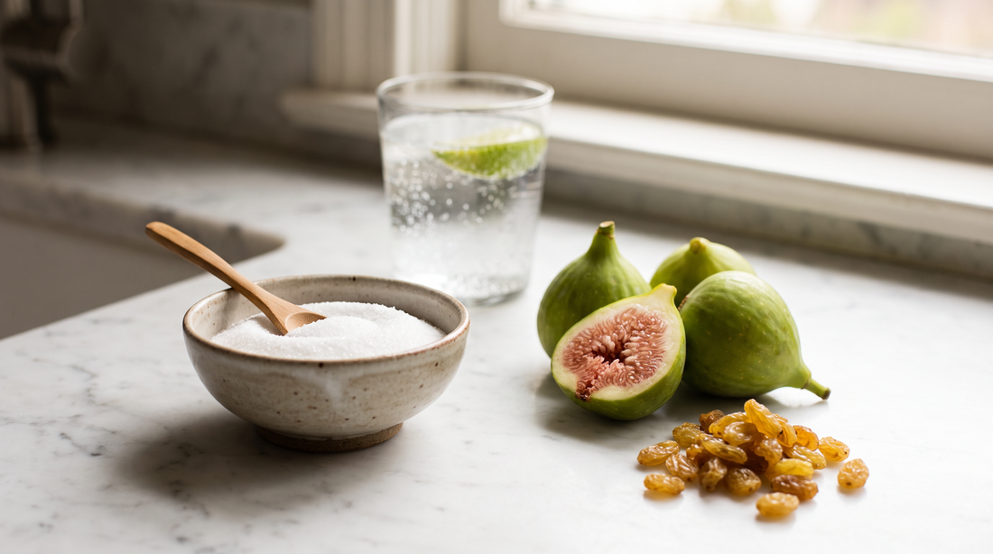 A bowl of allulose beside fresh figs and golden raisins on a marble counter