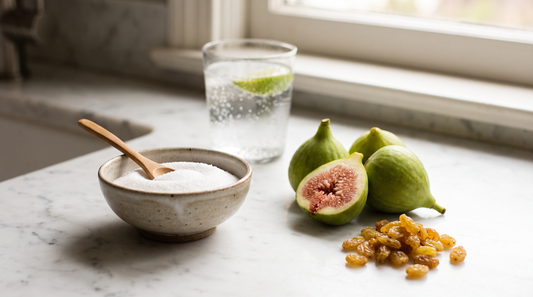 A bowl of allulose beside fresh figs and golden raisins on a marble counter