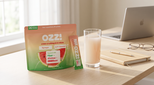 Ozzi watermelon pouch, a single stick pack, and a glass of the prepared drink on a sunlit home office desk