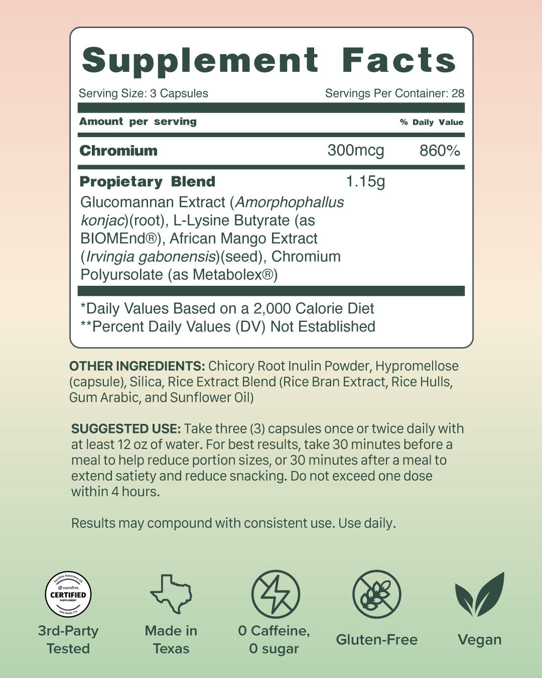 Appetite control capsules supplement facts: 3 capsules per serving, 300mcg chromium, 1.15g blend and suggested use
