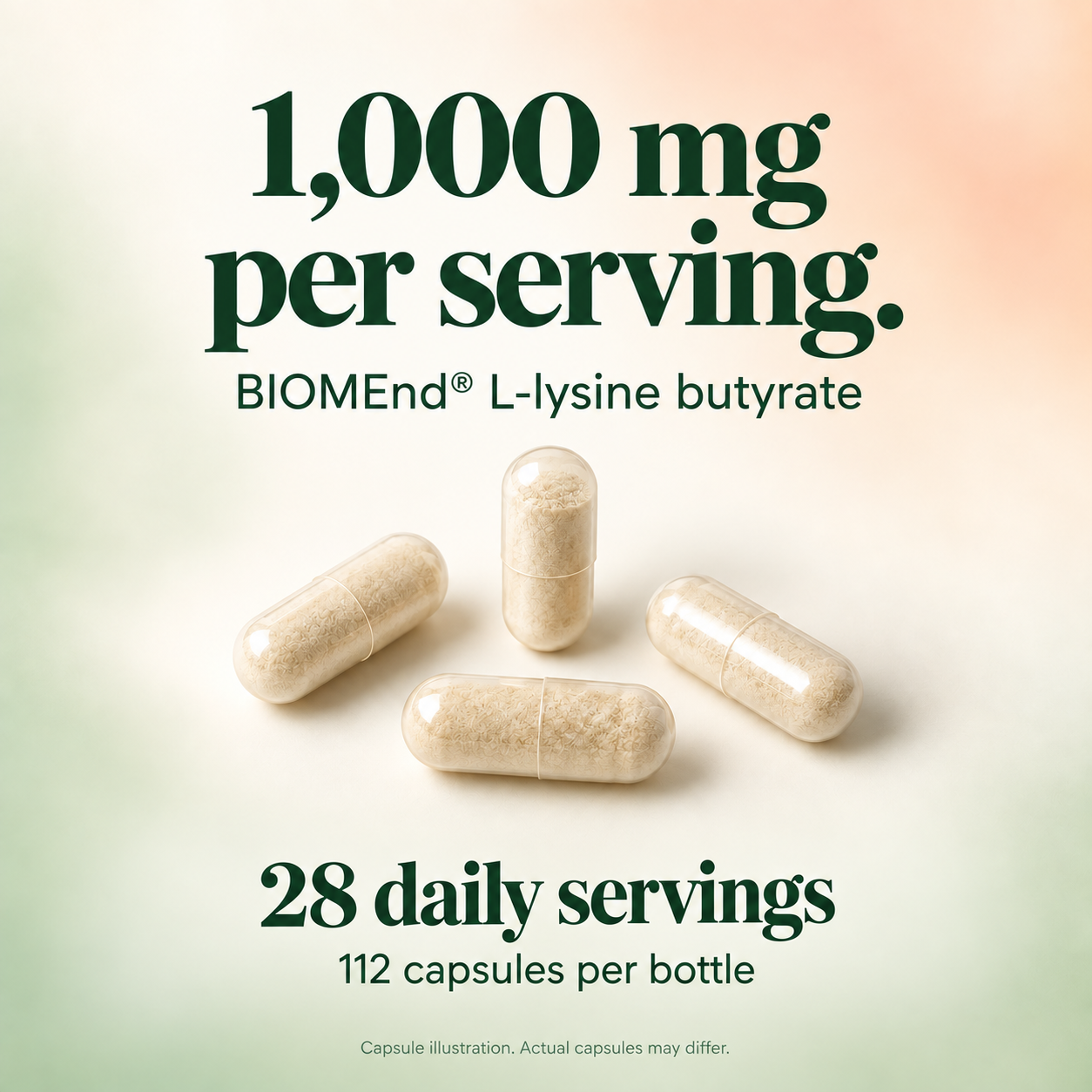 1,000 mg per serving. BIOMEnd® L-lysine butyrate. 28 daily servings and 112 capsules per bottle. Capsule illustration; actual capsules may differ.