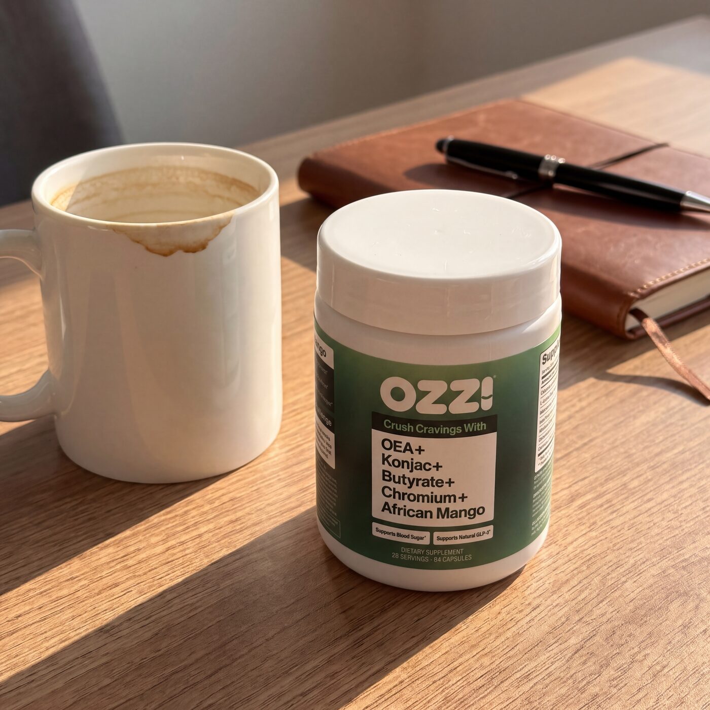 A bottle of Ozzi capsules beside a coffee mug on a desk
