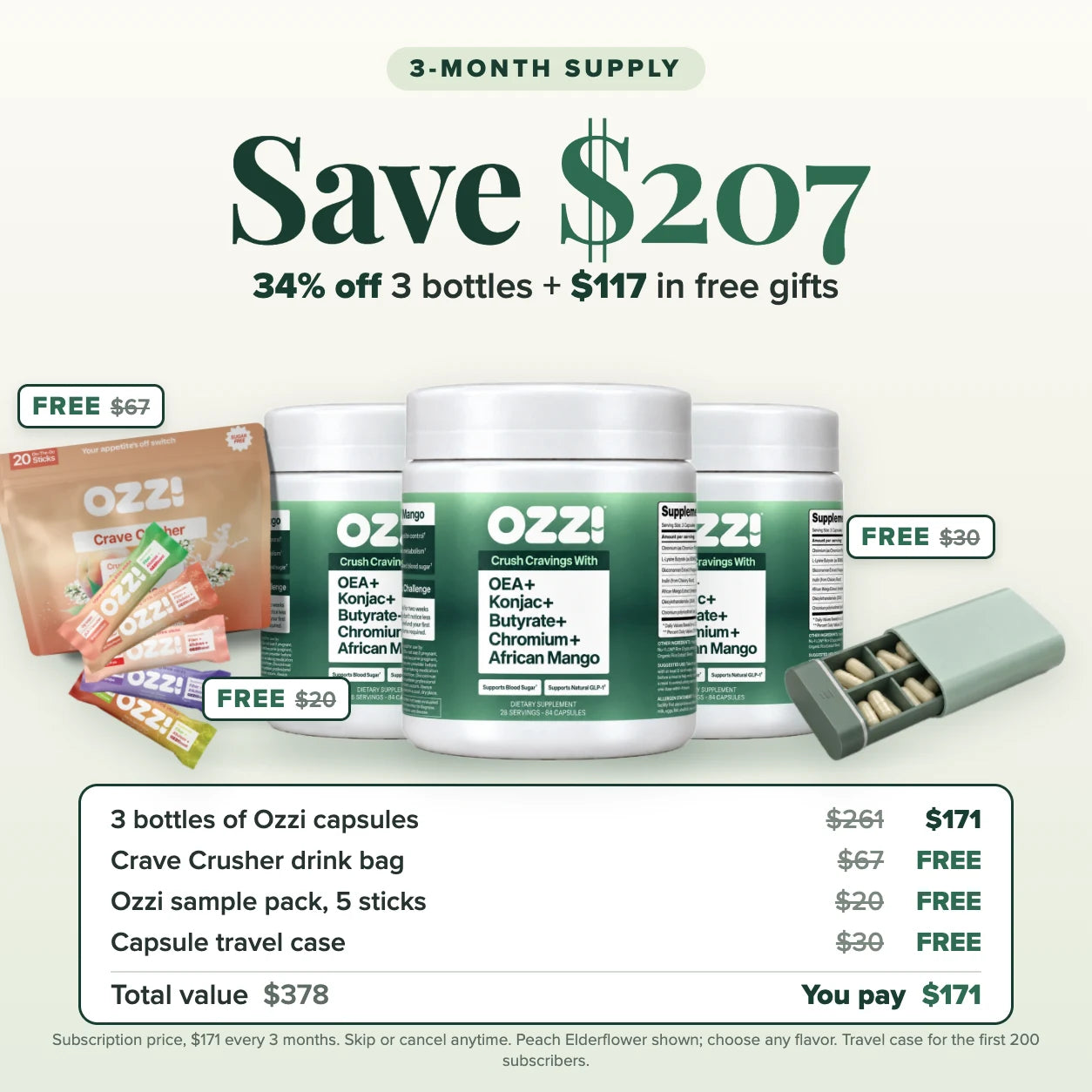 Ozzi capsules 3-month supply, save $207: three natural GLP-1 supplement bottles for $171 by subscription, plus a free Crave Crusher drink bag, Ozzi sample pack and capsule travel case