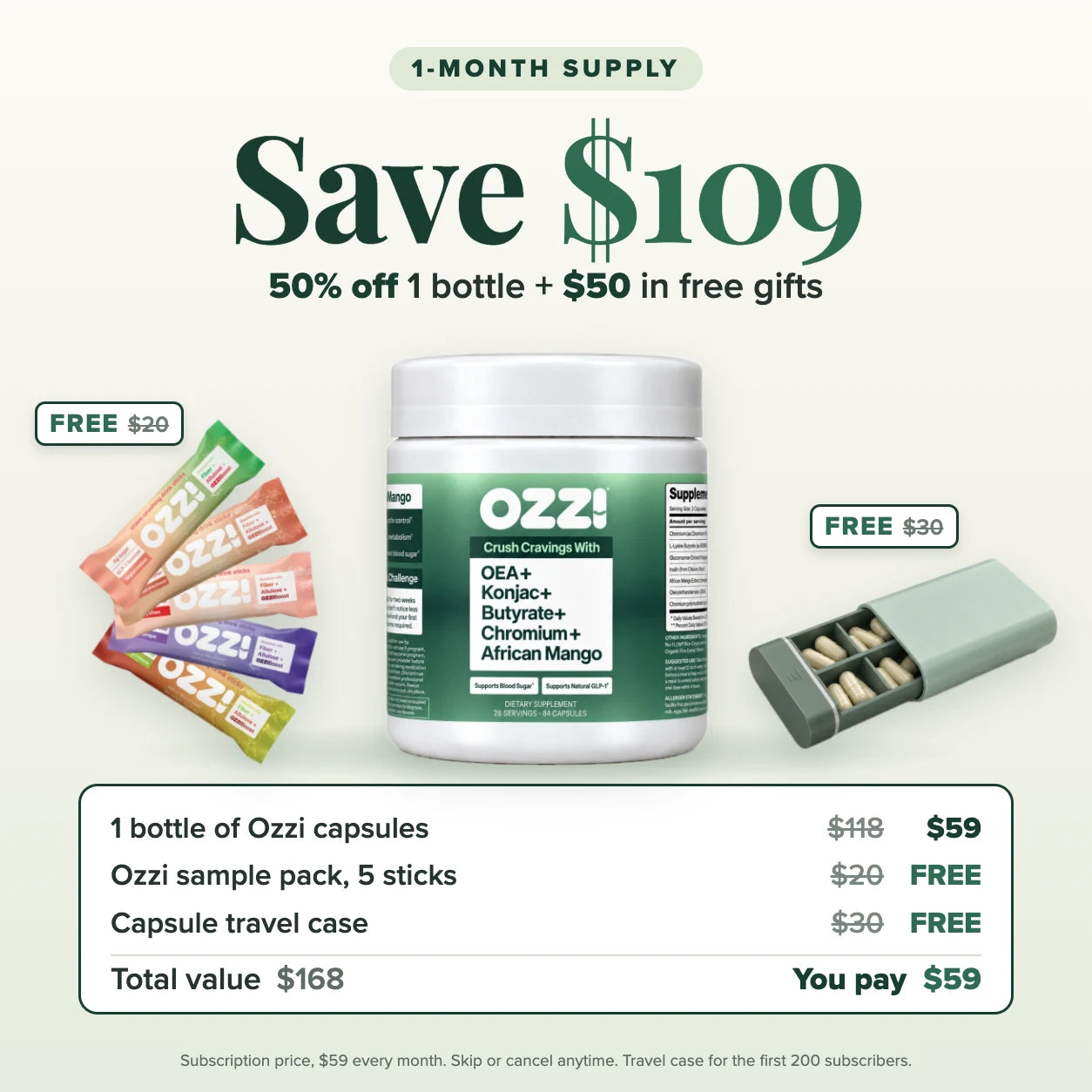 Ozzi capsules 1-month supply, save $109: one natural GLP-1 supplement bottle for $59 a month by subscription, plus a free Ozzi sample pack and capsule travel case