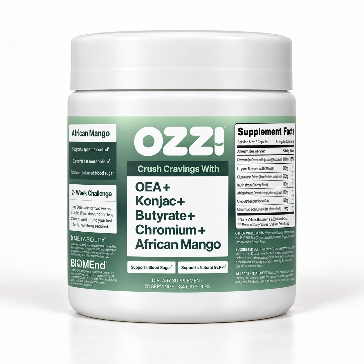 Ozzi Crave Crusher Capsules bottle with OEA, konjac, butyrate, chromium and African mango; 84 capsules, 28 servings