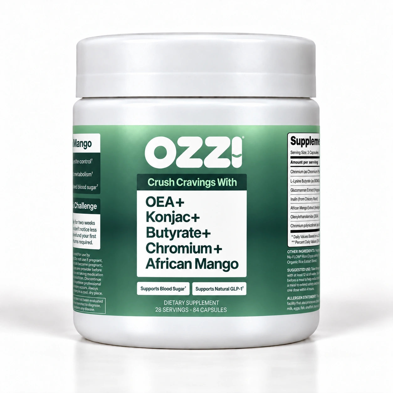 Ozzi natural GLP-1 supplement bottle with OEA, konjac, butyrate, chromium and African mango; 84 capsules, 28 servings