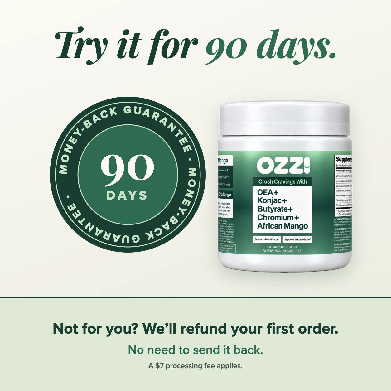 90-Day Money-Back Guarantee: Try Ozzi for 90 days. If it isn’t for you, email team@heyozzi.com within 90 days of delivery of your first order and we’ll refund it, minus a $7 processing fee. No need to send anything back.
