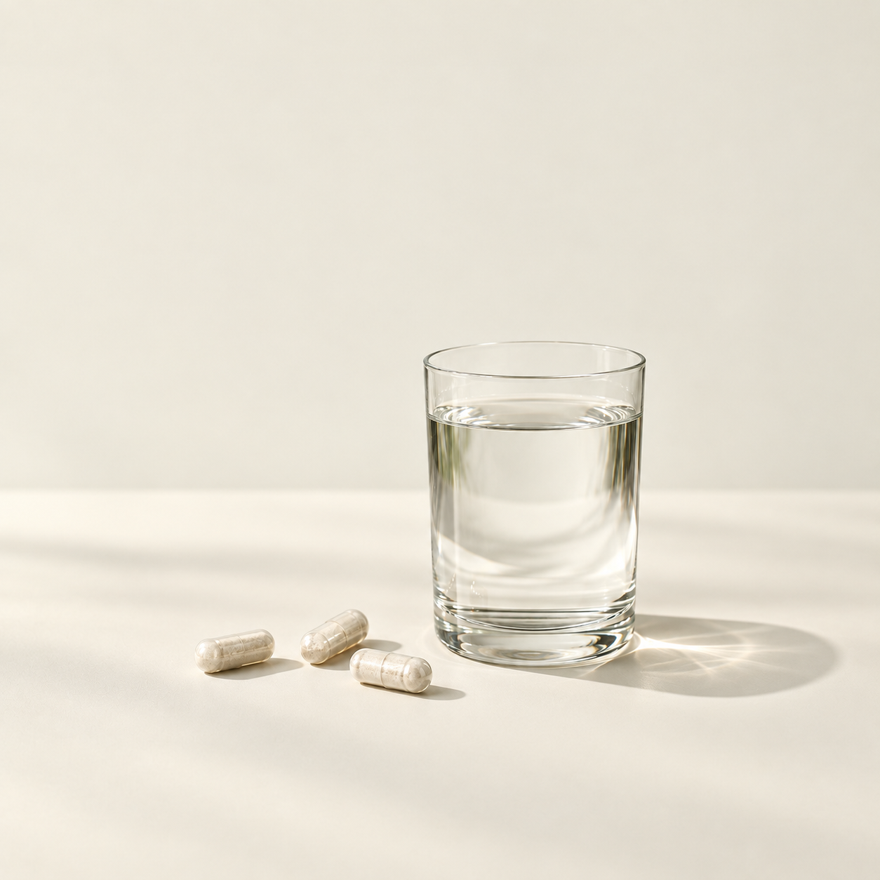 Still-life illustration of three capsules beside a full glass of water